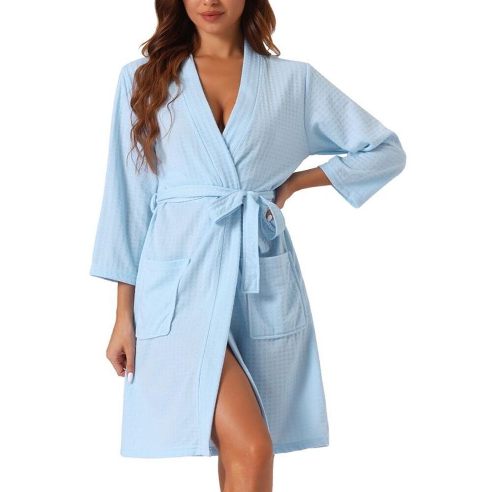 cheibear Women's Mid-Length Two Pockets Soft Spa Waffle Robe with Belt Blue